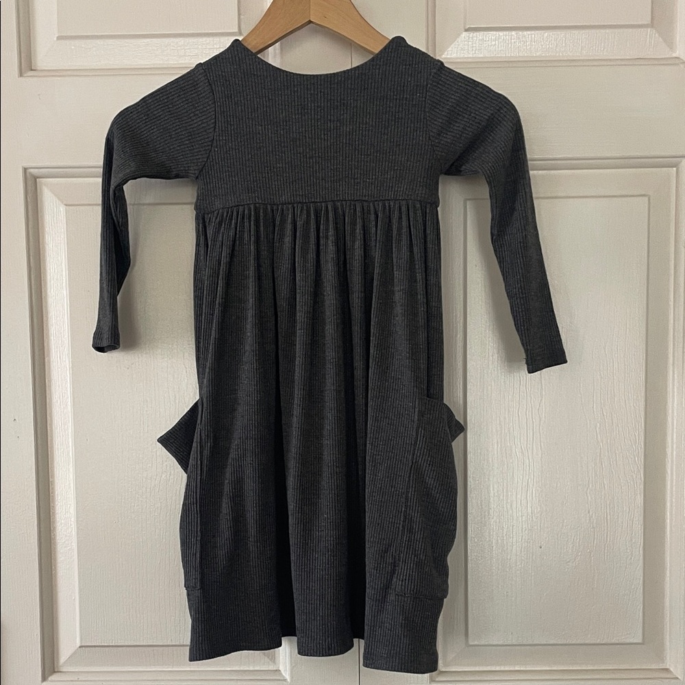 Remie Girl Long Sleeve Charcoal Ribbed Pocket Dress twirl soft cozy made in USA